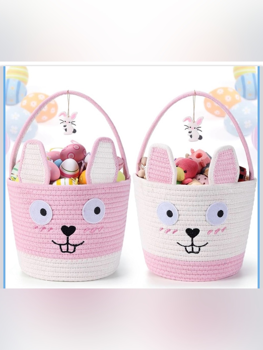 2 PC Pink Baskets Woven Rope Bunny with Ears Large‎ Basket 9.8 x 7.8 x 7.8 Inch